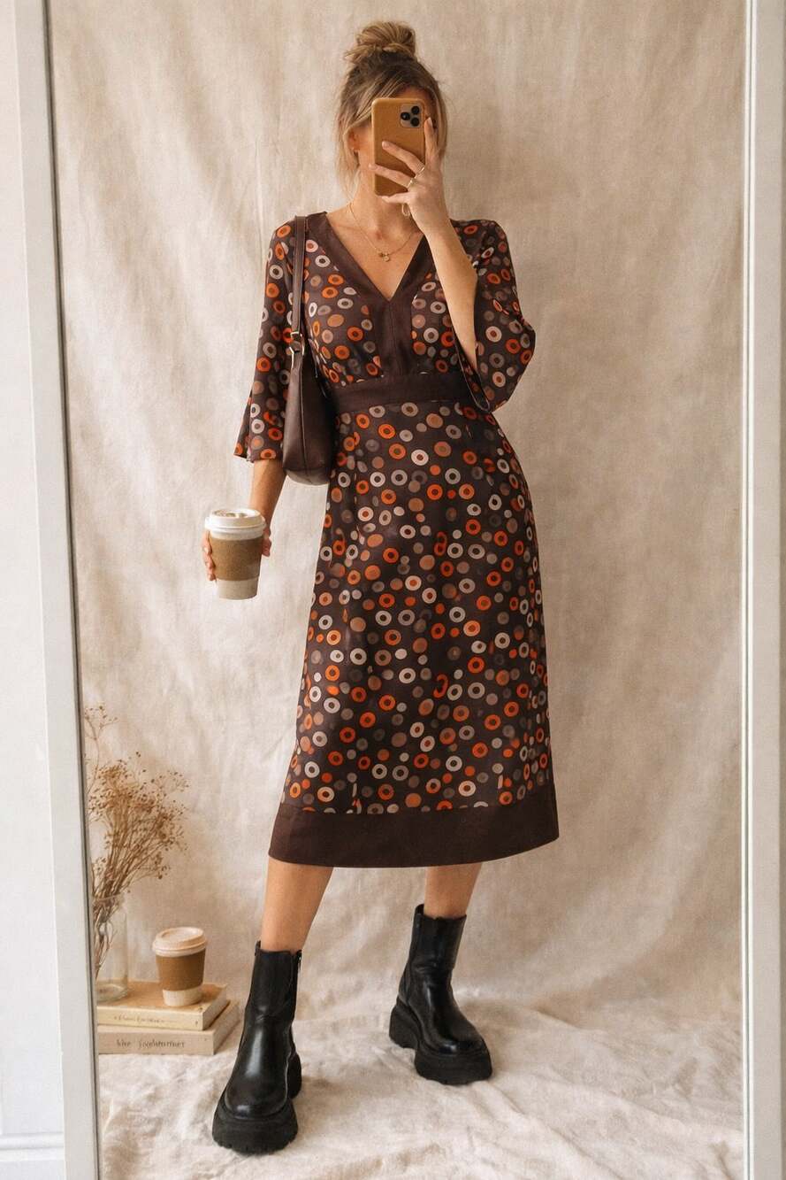 Y2K Cider Style Retro Mod Print‎ Dress Indie Boho Brown Small